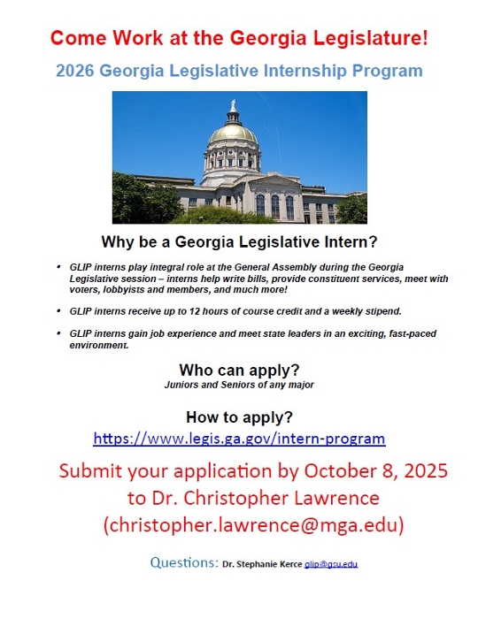 The Georgia Legislative Internship Program is a full-time, paid internship that lets junior and senior college students at universities and colleges in Georgia gain hands-on experience during the legislative session with Government leaders.
